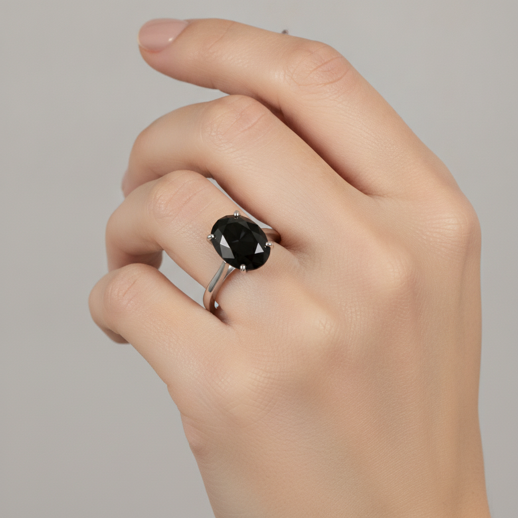 7 Carat Oval Black Diamond Solitaire Ring Natural 14K White Gold