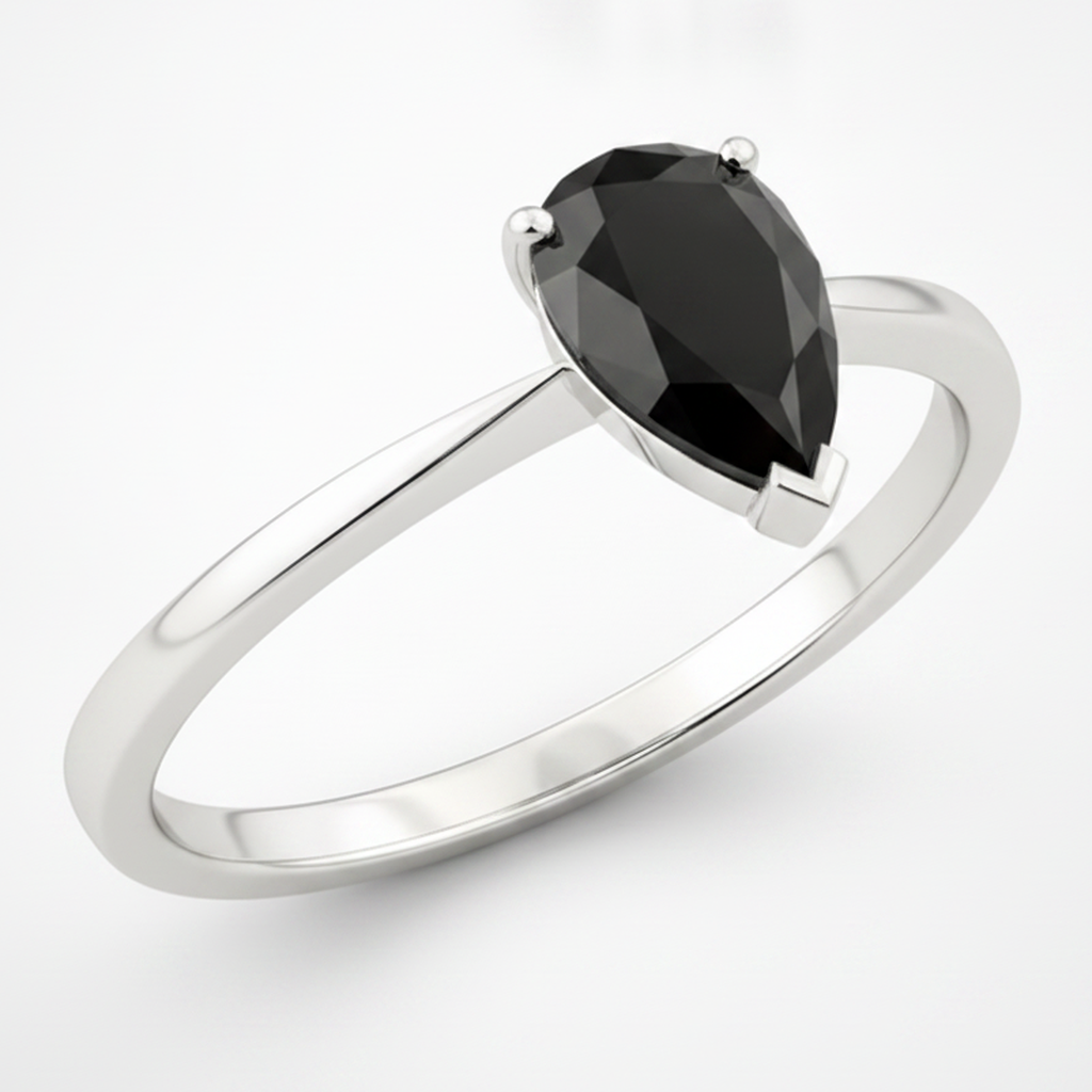 7 Carat Pear Black Diamond Solitaire Ring Natural 14K White Gold
