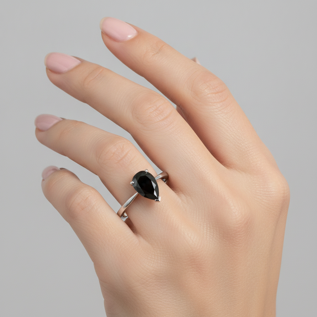 7 Carat Pear Black Diamond Solitaire Ring Natural 14K White Gold
