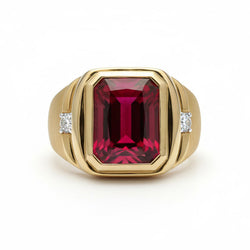 7.20ctw Radiant Lab Grown Ruby Men's Ring 10K Yellow Gold