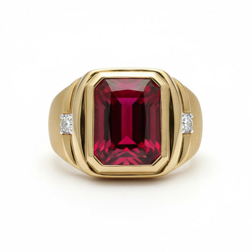 7.20ctw Radiant Lab Grown Ruby Men's Ring 10K Yellow Gold