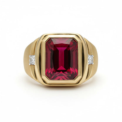 7.20ctw Radiant Lab Grown Ruby Men's Ring 10K Yellow Gold