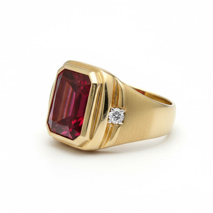 7.20ctw Radiant Lab Grown Ruby Men's Ring 10K Yellow Gold