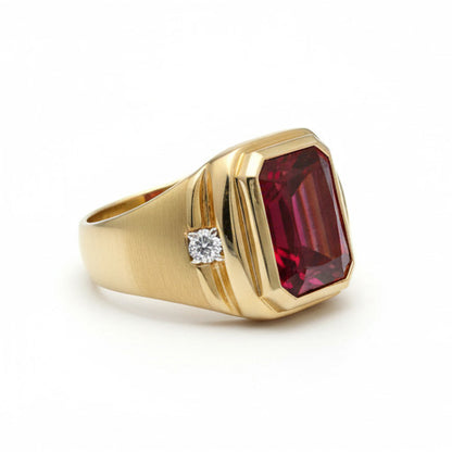 7.20ctw Radiant Lab Grown Ruby Men's Ring 10K Yellow Gold