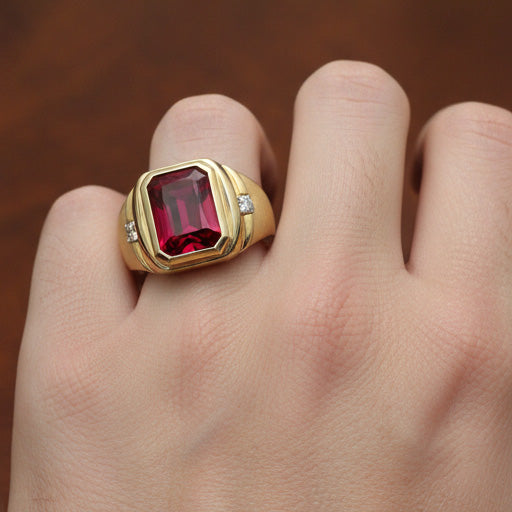 7.20ctw Radiant Lab Grown Ruby Men's Ring 10K Yellow Gold