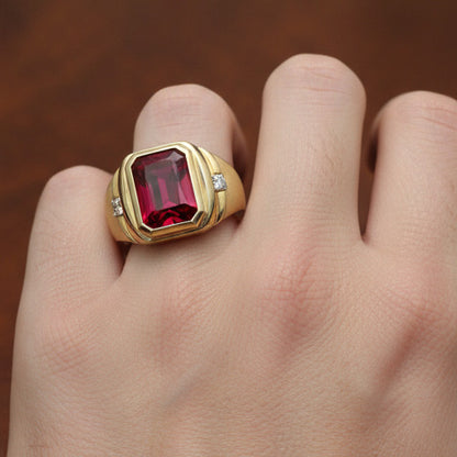7.20ctw Radiant Lab Grown Ruby Men's Ring 10K Yellow Gold