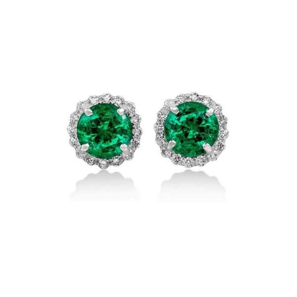 7.30 Carats Round Green Emerald With Diamonds Stud Earring White Gold 14K