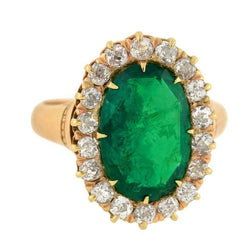 7.50 Carats Oval Green Emerald And Round Natural Earth Mined Diamonds Ring Yellow Gold 14K