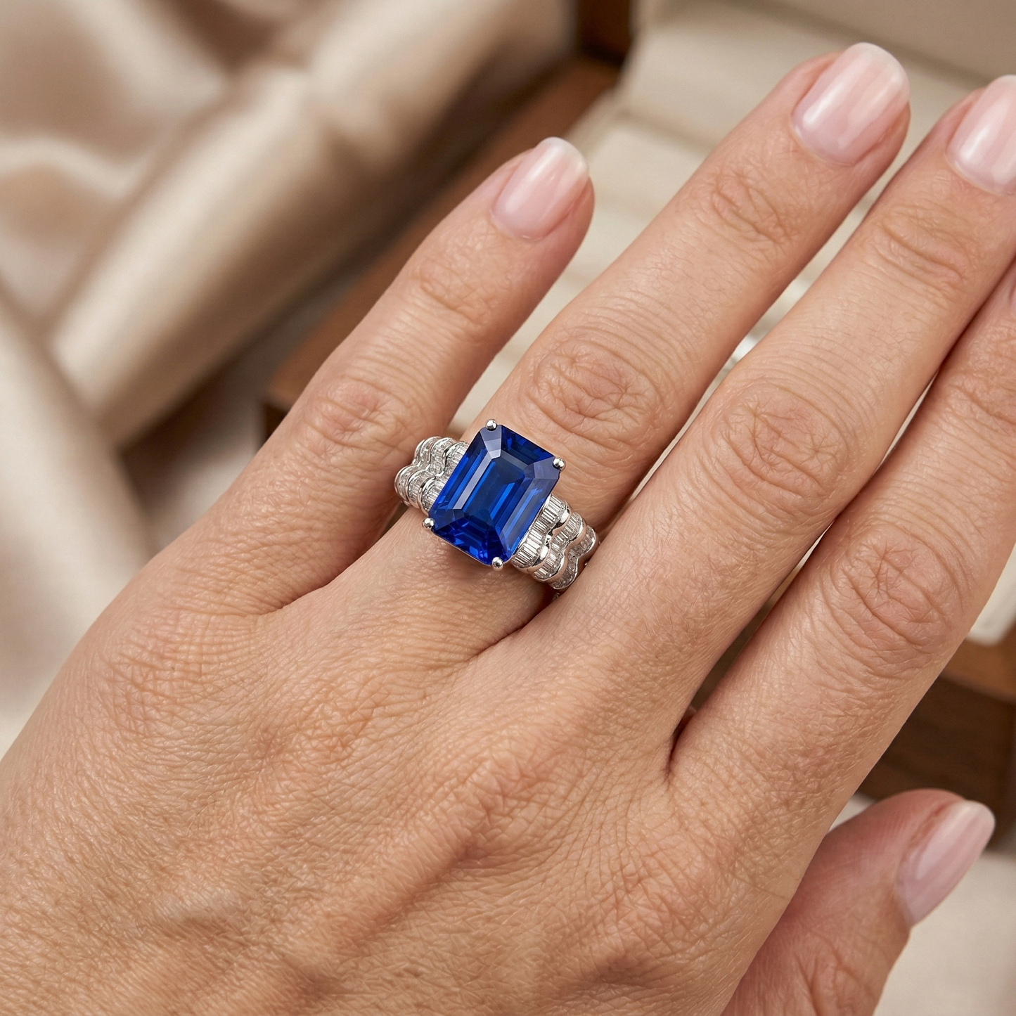 7.51 Ct Ceylon Sapphire Emerald And Baguette Natural Earth Mined Diamonds White Gold Ring