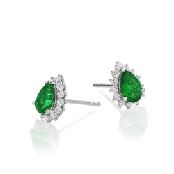 7.80 Carats Pear Green Emerald With Round Diamonds Stud Earrings