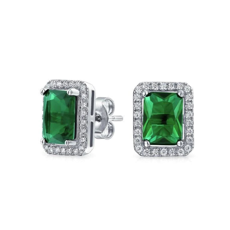 7 Ct  Green Emerald With Round Diamonds Studs  Halo Earrings Gold