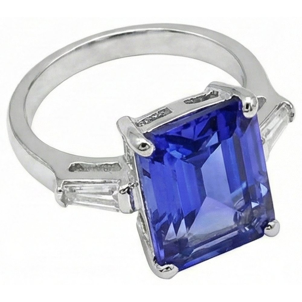 Natural Real ( Not Lab Grown )  8.30 Carats Emerald Cut Tanzanite & Baguettes Engagement Ring