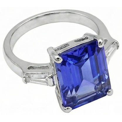 Natural Real ( Not Lab Grown )  8.30 Carats Emerald Cut Tanzanite & Baguettes Engagement Ring
