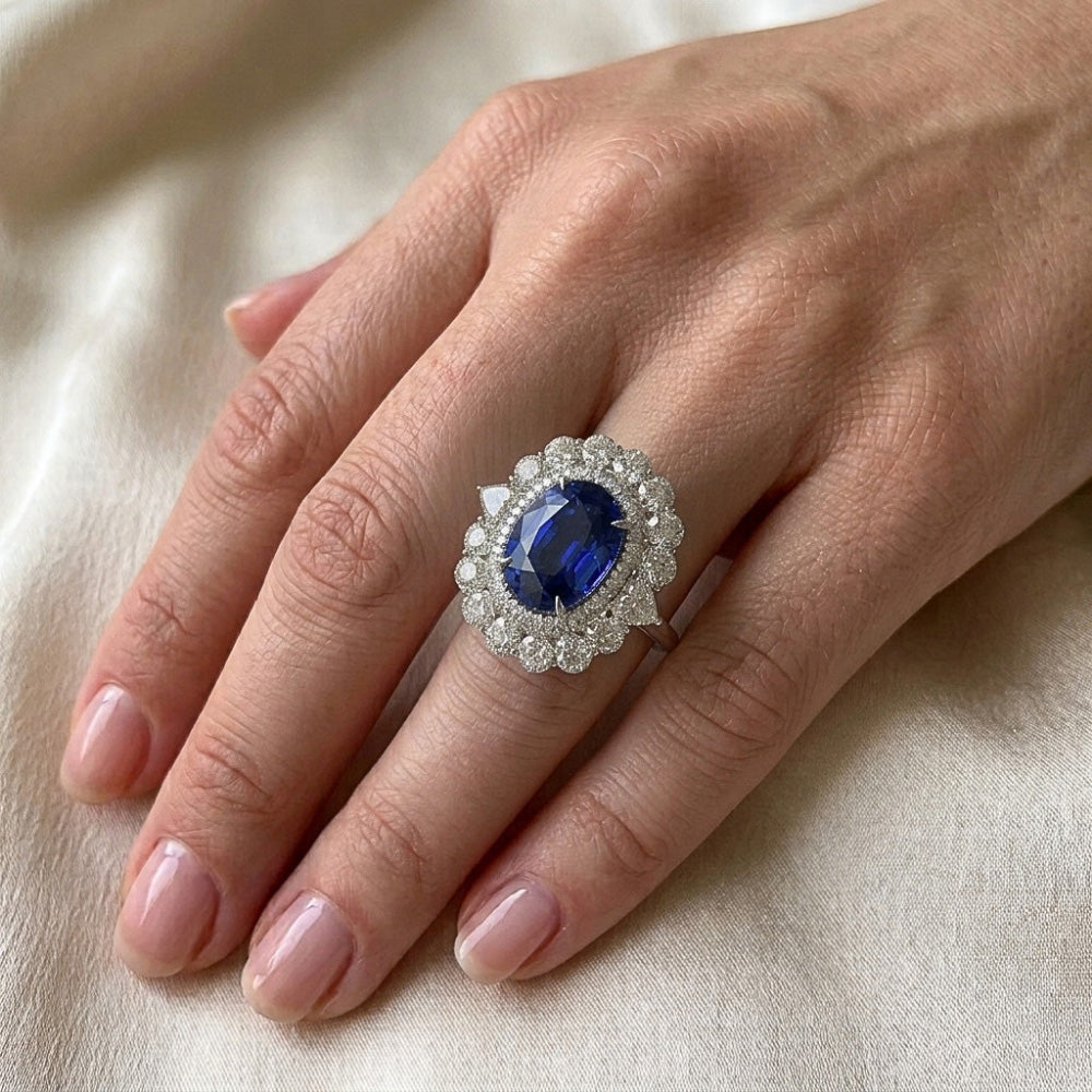 8.50 Carats Blue Sapphire Natural Earth Mined Diamond Wedding Ring White Gold 14K