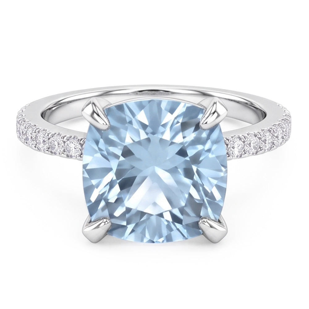 8.70 Carats Aquamarine With Natural Earth Mined Diamonds Ring Prong Set White Gold 14K