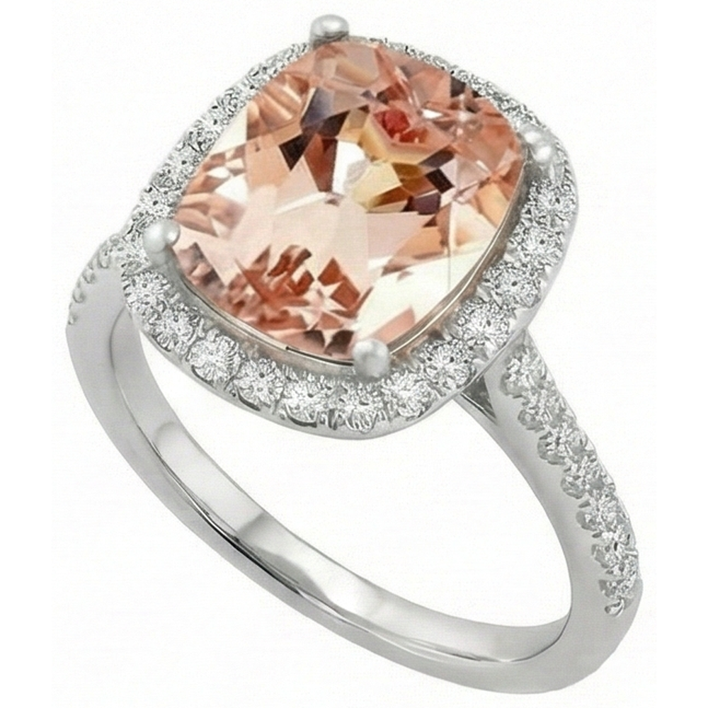 8.75 Ct Sparkling Morganite And Natural Earth Mined Diamonds Ring White Gold 14K