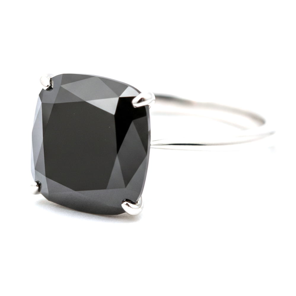 8 Carat Cushion Black Diamond Solitaire Ring Natural 14K White Gold