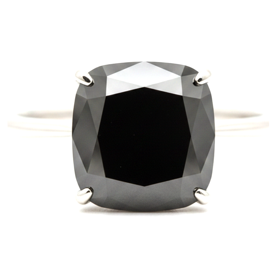 8 Carat Cushion Black Diamond Solitaire Ring Natural 14K White Gold