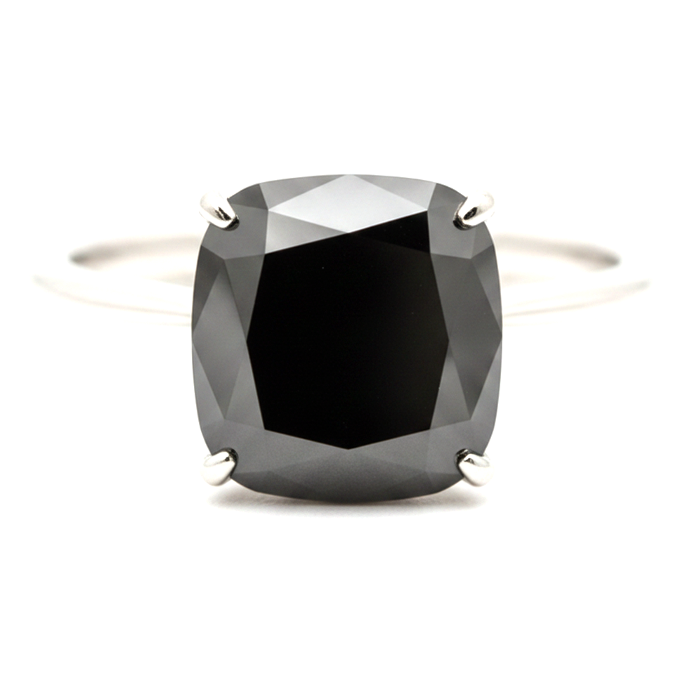 8 Carat Cushion Black Diamond Solitaire Ring Natural 14K White Gold
