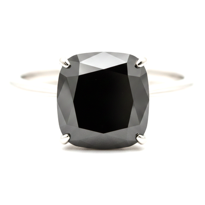 8 Carat Cushion Black Diamond Solitaire Ring Natural 14K White Gold