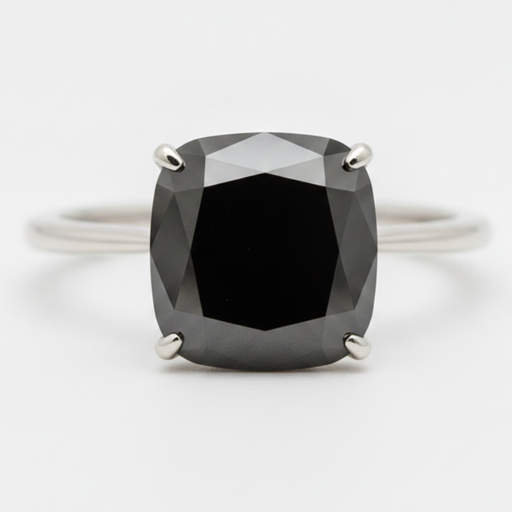8 Carat Cushion Black Diamond Solitaire Ring Natural 14K White Gold