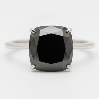 8 Carat Cushion Black Diamond Solitaire Ring Natural 14K White Gold