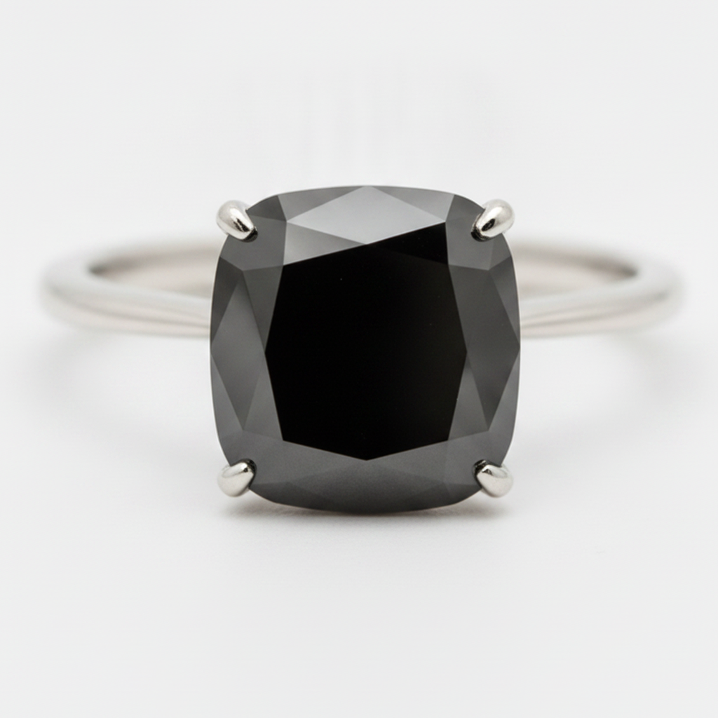8 Carat Cushion Black Diamond Solitaire Ring Natural 14K White Gold