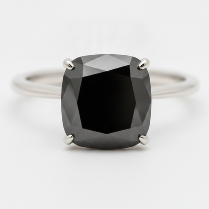 8 Carat Cushion Black Diamond Solitaire Ring Natural 14K White Gold