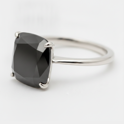 8 Carat Cushion Black Diamond Solitaire Ring Natural 14K White Gold
