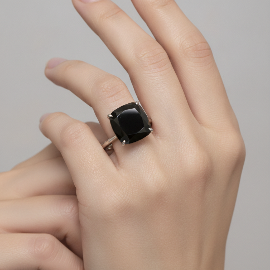 8 Carat Cushion Black Diamond Solitaire Ring Natural 14K White Gold