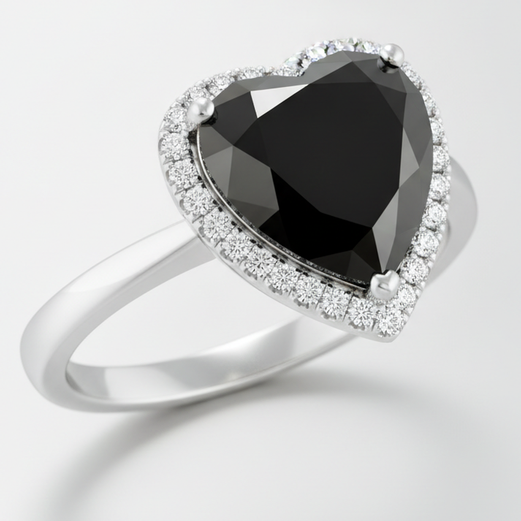 8 Carat Heart Black Diamond and White Diamond Halo Ring Natural 14K White Gold