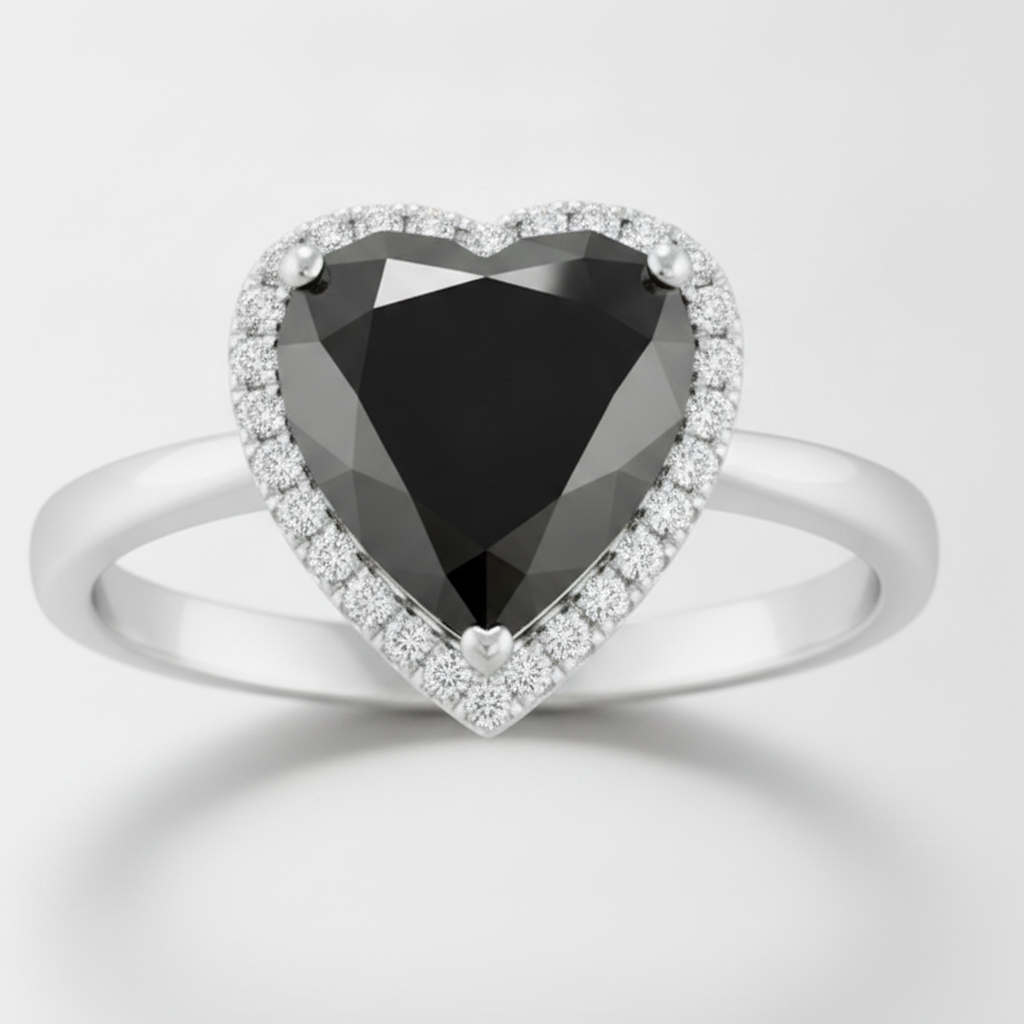 8 Carat Heart Black Diamond and White Diamond Halo Ring Natural 14K White Gold
