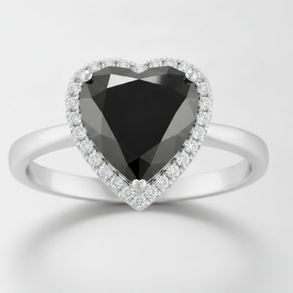 8 Carat Heart Black Diamond and White Diamond Halo Ring Natural 14K White Gold