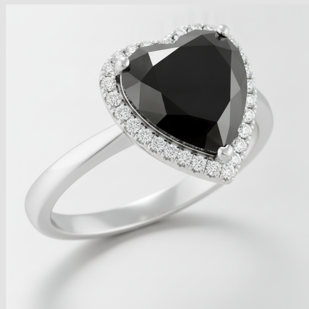 8 Carat Heart Black Diamond and White Diamond Halo Ring Natural 14K White Gold