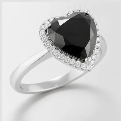 8 Carat Heart Black Diamond and White Diamond Halo Ring Natural 14K White Gold