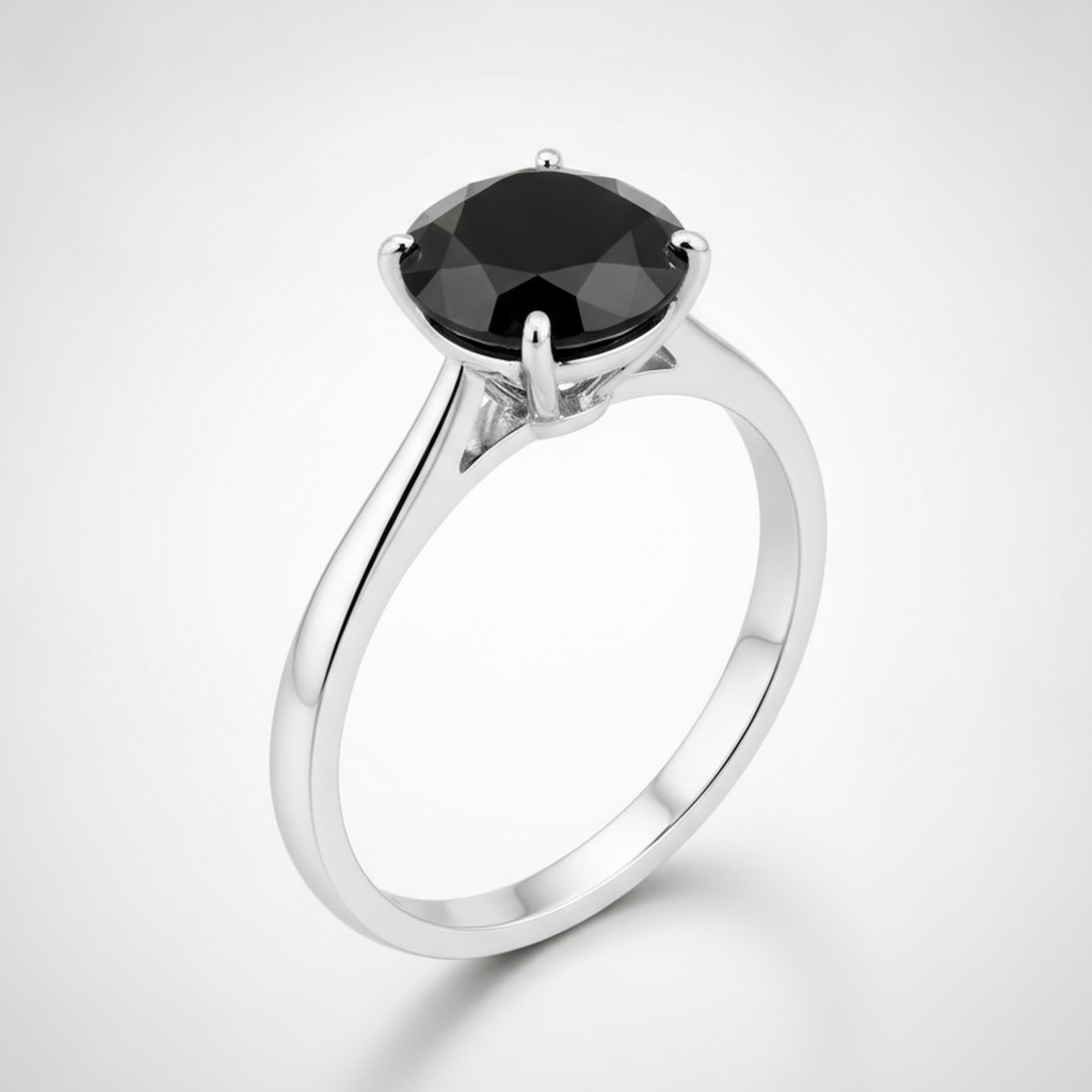 8 Carat Round Black Diamond Solitaire Ring Natural 14K White Gold