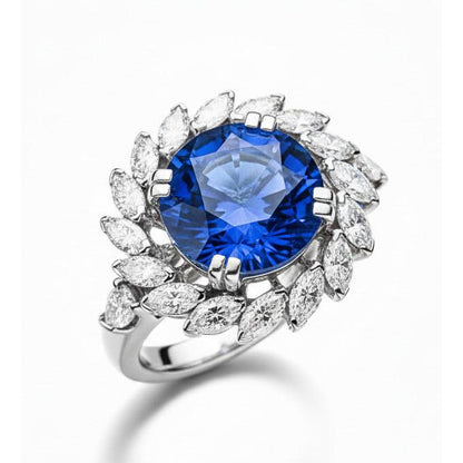 8.25 Ct. Big Sri Lanka Sapphire And Marquise Natural Earth Mined Diamonds Ring