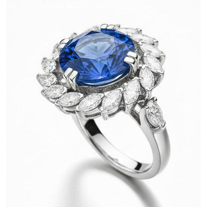 8.25 Ct. Big Sri Lanka Sapphire And Marquise Natural Earth Mined Diamonds Ring