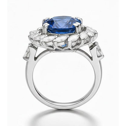 8.25 Ct. Big Sri Lanka Sapphire And Marquise Natural Earth Mined Diamonds Ring