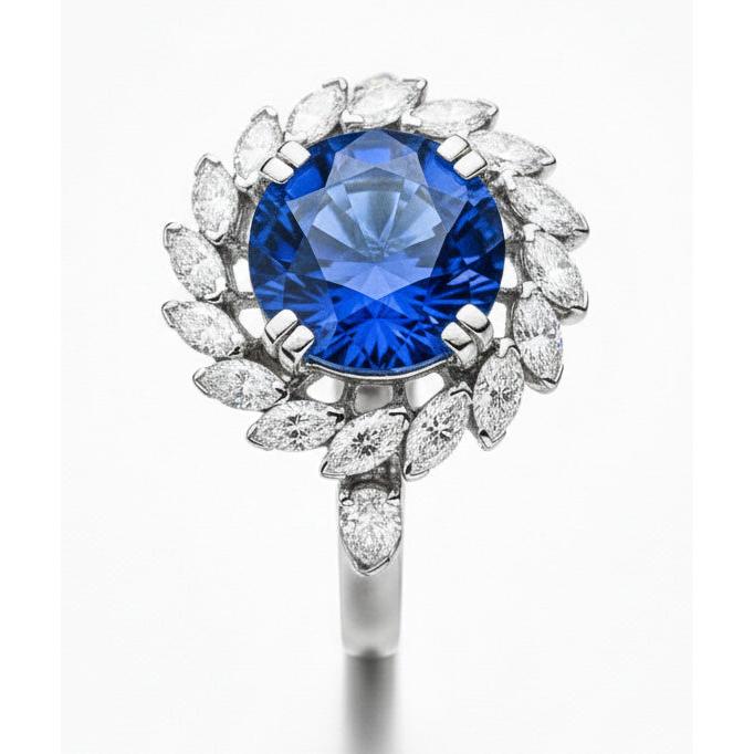 8.25 Ct. Big Sri Lanka Sapphire And Marquise Natural Earth Mined Diamonds Ring