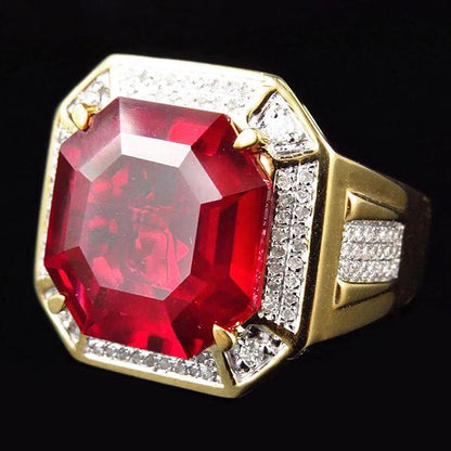 8.75 Ct Red Asscher Cut Men's Ruby Ring With Diamonds Gold Jewelry