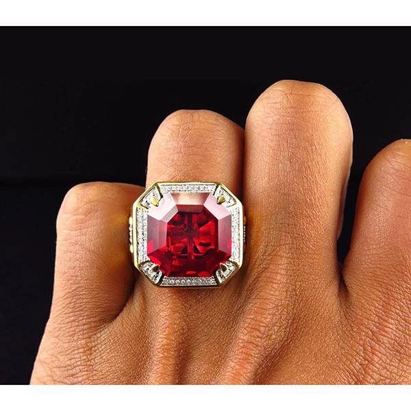 8.75 Ct Red Asscher Cut Men's Ruby Ring With Diamonds Gold Jewelry