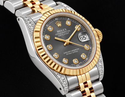 Rolex Datejust 69173 26mm Gray Diamond Dial Fluted Bezel Two Tone Watch