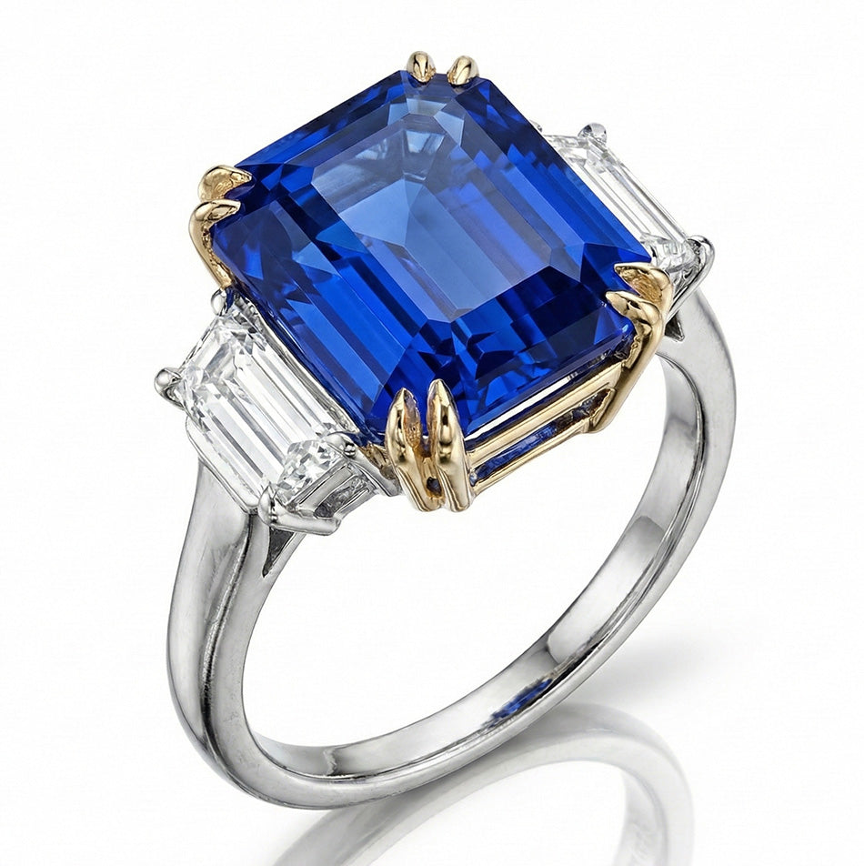 8 Carat Blue Sapphire And Natural Earth Mined Diamond Ring