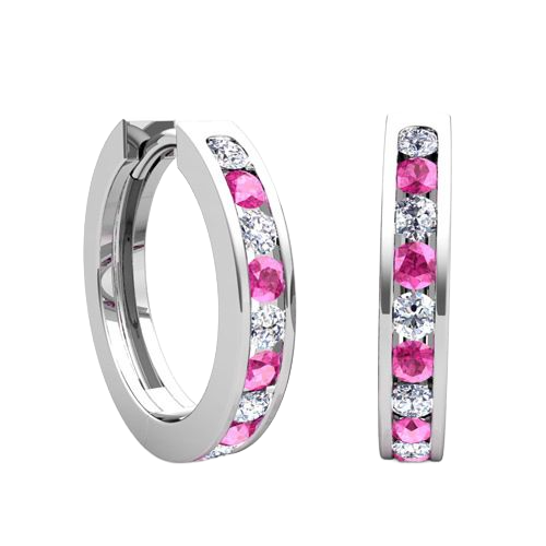 8 Ct Pink Sapphire And Natural Earth Mined Diamond Bezel Set Hoop Earrings 14K
