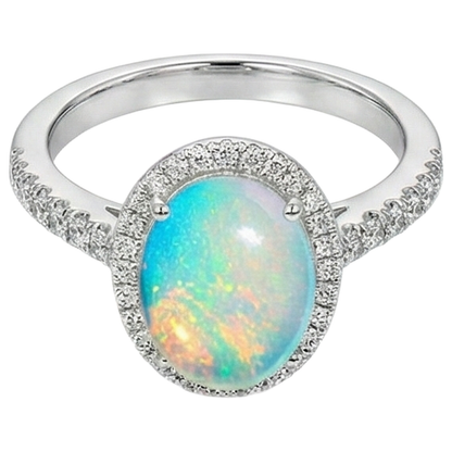 9.40 Ct Big Opal And Natural Earth Mined Diamonds Anniversary Ring White Gold 14K