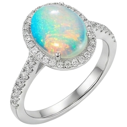 9.40 Ct Big Opal And Natural Earth Mined Diamonds Anniversary Ring White Gold 14K