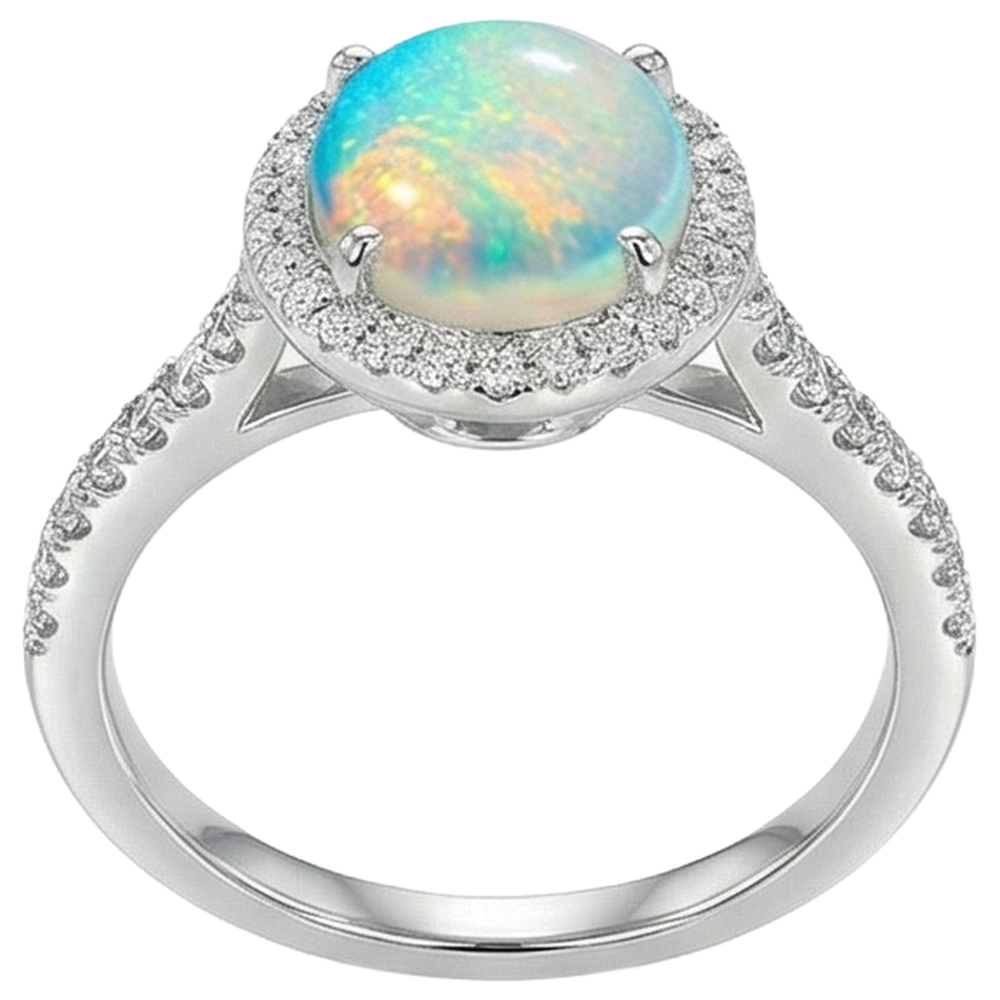 9.40 Ct Big Opal And Natural Earth Mined Diamonds Anniversary Ring White Gold 14K