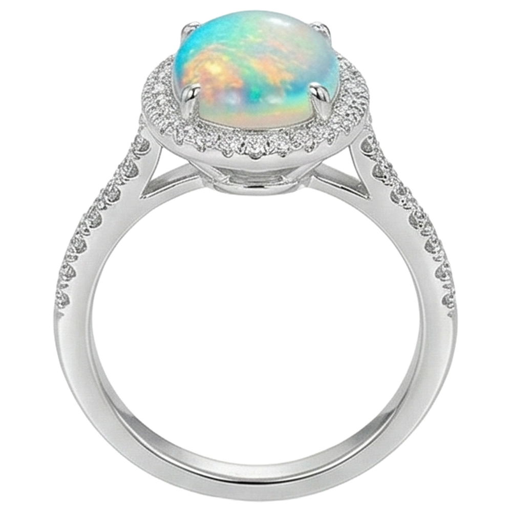 9.40 Ct Big Opal And Natural Earth Mined Diamonds Anniversary Ring White Gold 14K