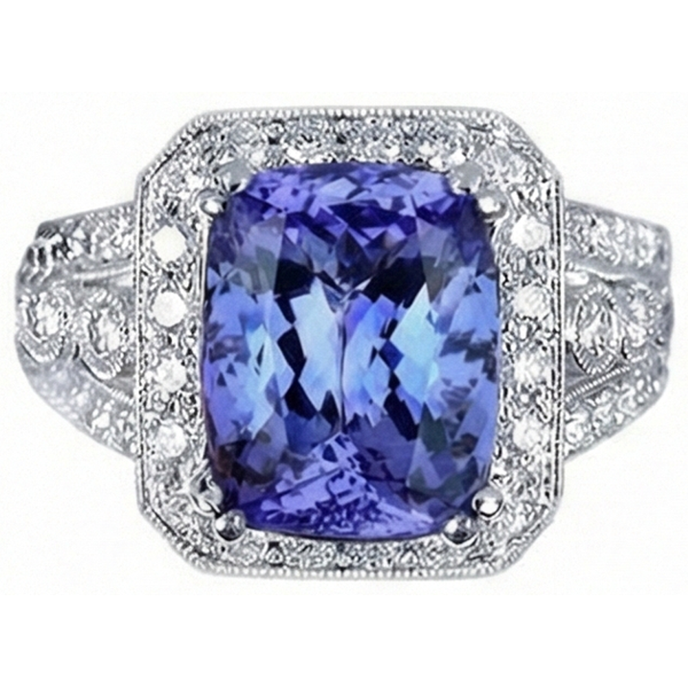 9.50 Carat Cushion Tanzanite And Round Natural Earth Mined Diamonds Ring Vintage Style